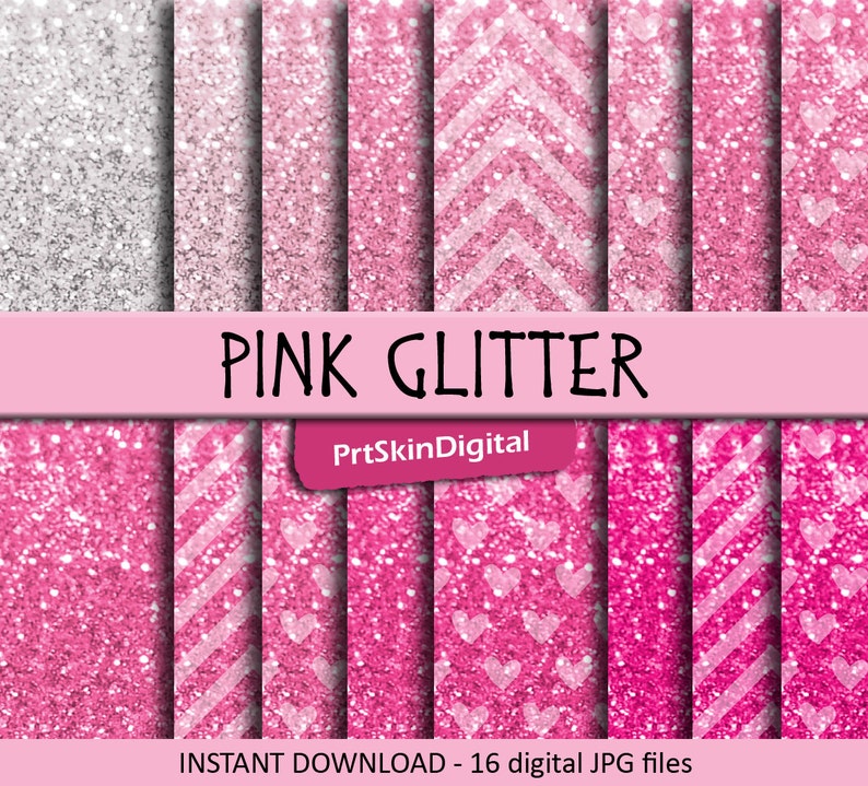 Pink Glitter Digital Paper Pack With Chevron Stripes and Etsy