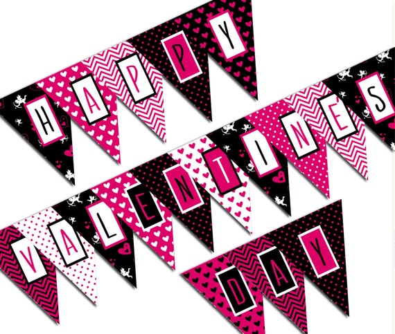 Valentines Day Banner, Happy Valentine's Day - Valentine Party Printable Sign, Pink Black Cupids, Hearts, Dots, Chevron DIY INSTANT DOWNLOAD Il_570xn