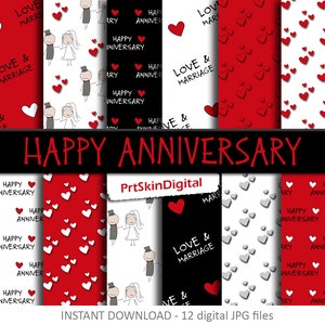 Happy Anniversary Digital Paper Pack in Rot, Schwarz und Weiß für Scrapbooking, Einladungen, Karten, Basteln, Valentinstag, Love & Marriage