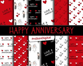 Happy Anniversary Digital Paper Pack in Red, Black and White for scrapbooking, invitations, cards, crafts, Valentine's Day, Love & Marriage