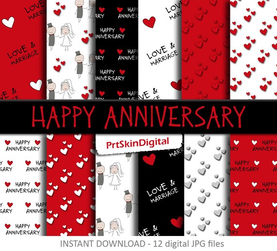 Happy Anniversary Digital Paper Pack in Red, Black and White for scrapbooking, invitations, cards, crafts, Valentine's Day, Love & Marriage Il_570xn
