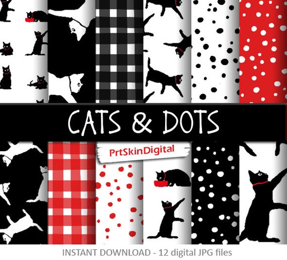 Cat Digital Paper "Cats & Dots" Black and White Digital Paper, Polka Dot Digital Paper, Gingham Digital Paper, Red Digital Paper Il_570xn