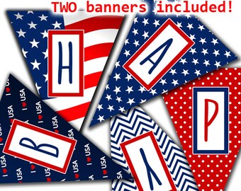 Happy Birthday 4th of July Banner, Printable Red White and Blue Banner, American Flag Banner, INSTANT DOWNLOAD, 4th of July Birthday Party