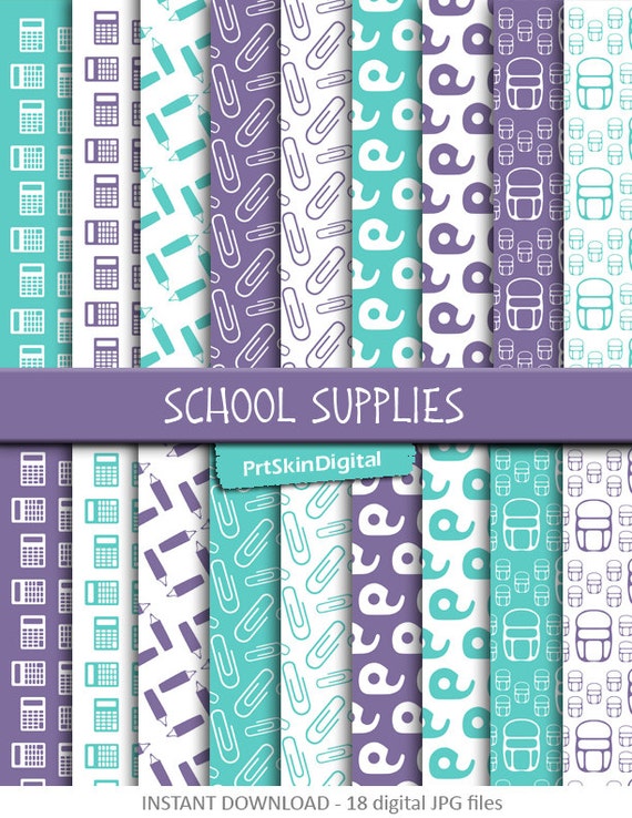 School Digital Paper "School Supplies", Purple Digital Paper, Blue Digital Paper, Back to School Patterns for scrapbooking, cards & crafts Il_570xn