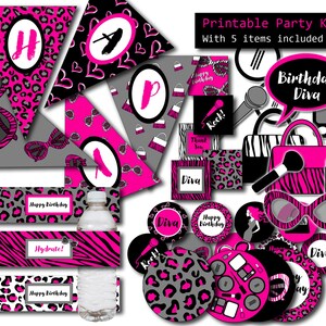 Diva Party 5 ITEMS Printable Party Kit, Girl Birthday Printable Party Package, Slumber Party Favors, Diva Birthday Banner, Pink Cake Toppers