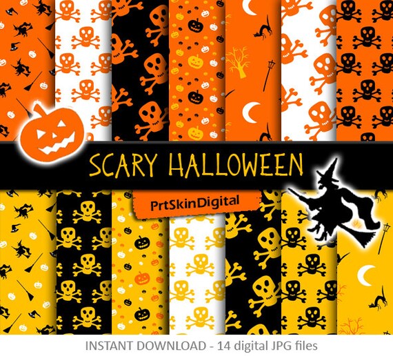 Halloween Digital Paper Pack: "Scary Halloween" with witches, pumpkins, smiling skulls for scrapbooking, invitations, holiday decor, crafts Il_570xn