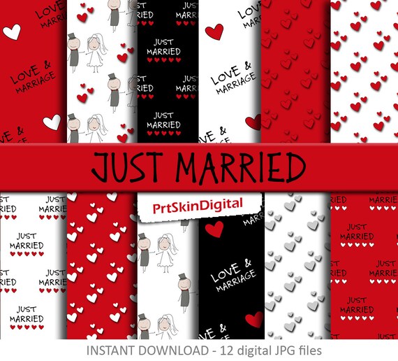 Wedding Digital Paper "Just Married", Heart Digital Paper, Red and Black Wedding Paper for scrapbooking, invitations, Valentine's Day Il_570xn