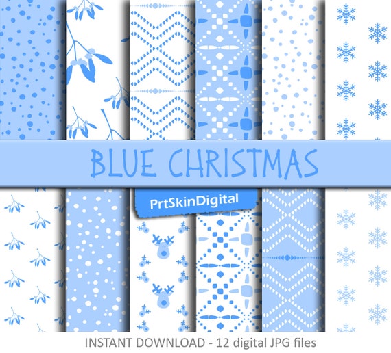 Blue Christmas Digital Paper Pack with festive White & light Blue patterns of reindeer, mistletoe, snowflakes and polka dots Il_570xn