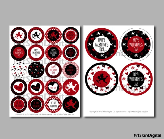 DIY INSTANT DOWNLOAD Dots Hearts Printable Party Cupcake Toppers in Red Black White with Cupid Valentines Day Cake Toppers