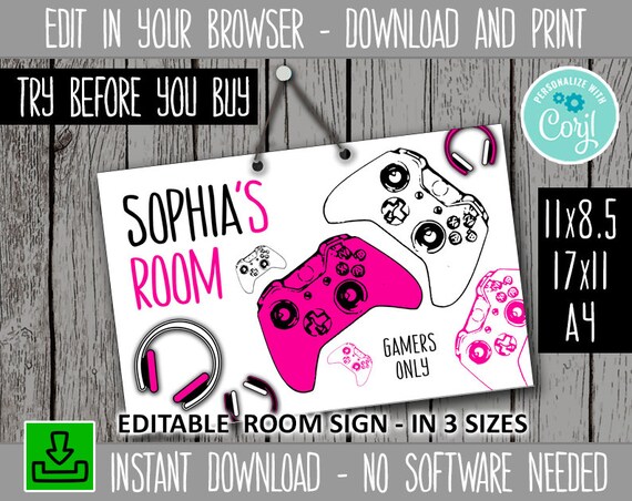 Girl Gamer Room Sign, Editable Printable Video Game Room Sign ...