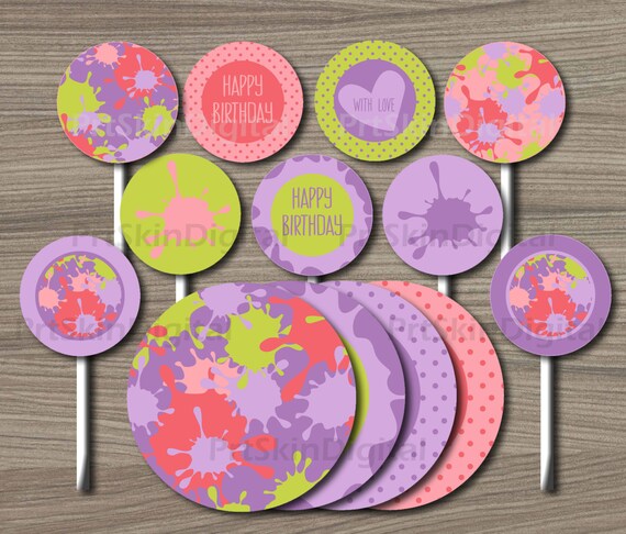 Slime Party Cupcake Toppers, Printable Cake Topper, Paintball Party Favors, Art Birthday Party Cup Cake Toppers, Painting Party Favors Il_570xn