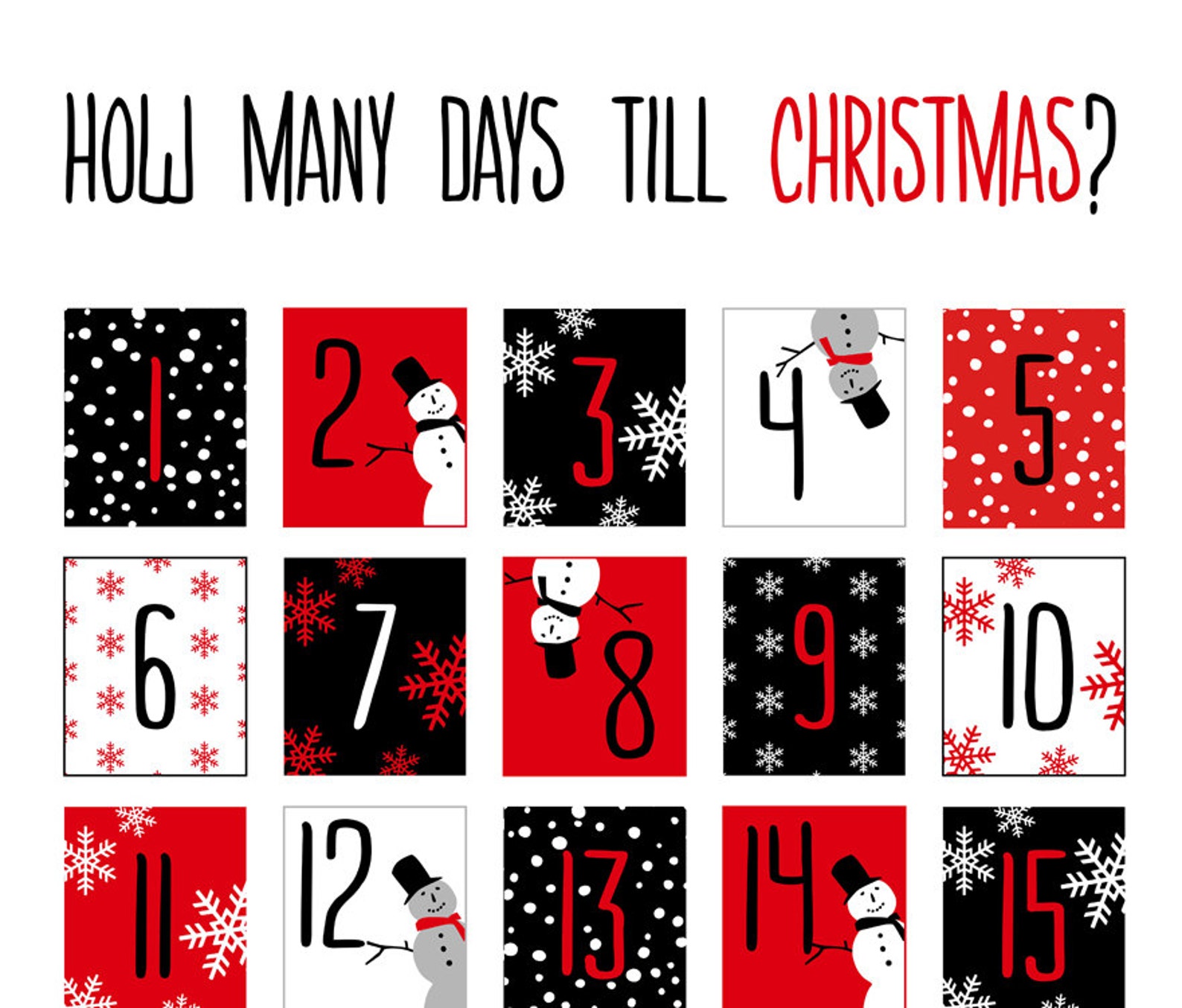 Printable Christmas Advent Calendar With Red Black And White Etsy