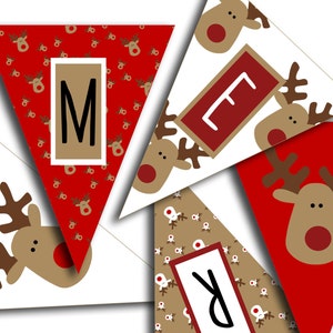 Merry Christmas Banner - Christmas Party Printable Sign, Christmas Bunting, Red White & Brown Reindeer DIY Printable Banner INSTANT DOWNLOAD