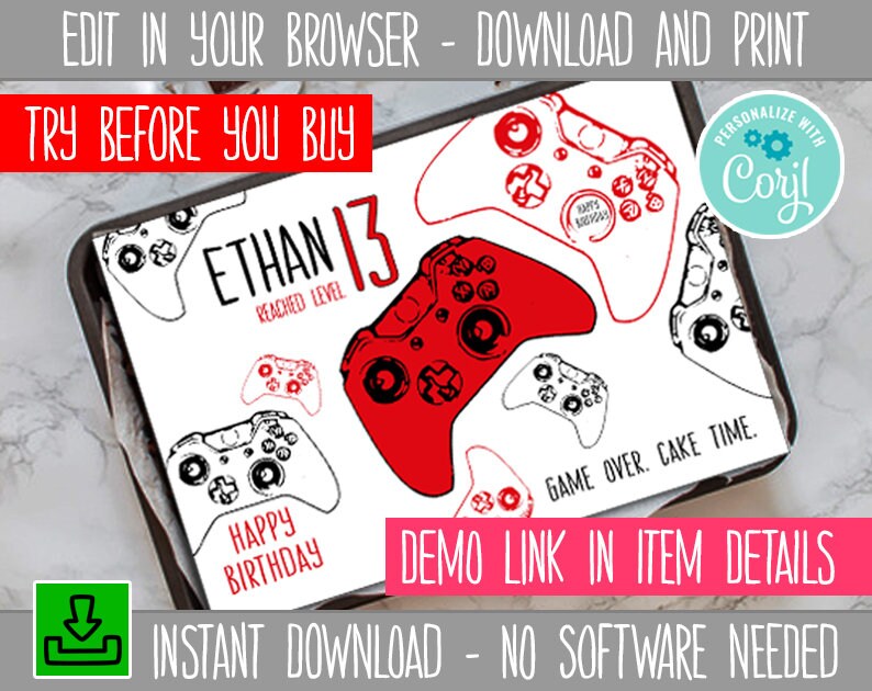 Printable Editable Gamer Cake Topper Image for Video Game Etsy