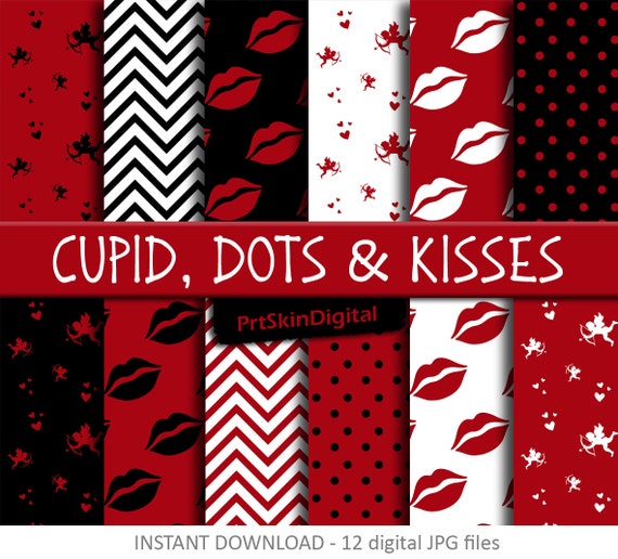 Valentines Day Digital Paper "Cupid, Dots & Kisses", Valentine Digital Paper, Love Digital Paper, Black Red Digital Paper for scrapbooking Il_570xn
