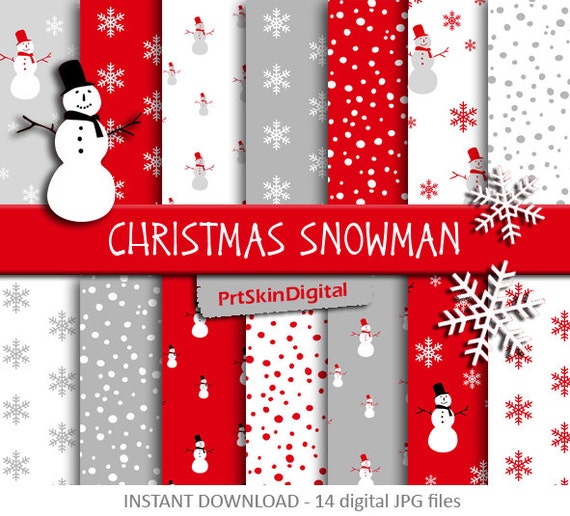 Christmas Digital Paper "Christmas Snowman", Red & White snowman and snowflakes patterns, holiday scrapbooking, invitations, cards, crafts Il_570xn