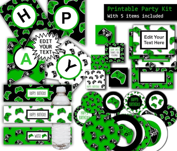 Printable Video Game Party Pack with Editable Banner, Bottle Labels, Cake Toppers, Gift Tags & Editable Food Cards, INSTANT DOWNLOAD Il_570xn