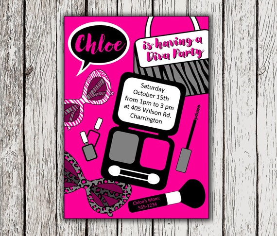 Printable Diva Party Invitation, Girl Birthday Invitation, Makeover Party Invite, Spa Party, Glamour Party, Zebra Party, Leopard Party Il_570xn