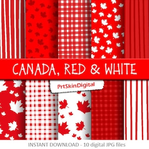 Canada Digital Paper, Red and White Digital Paper, Canadian Maple leaf, Gingham Digital Paper, Stripe Digital Paper, Canada Day, Patriotic