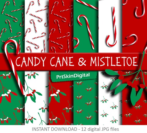 Christmas Digital Paper "Candy Cane & Mistletoe", Red White and Green backgrounds, wrapping paper, gift wrap, holiday decor Il_570xn
