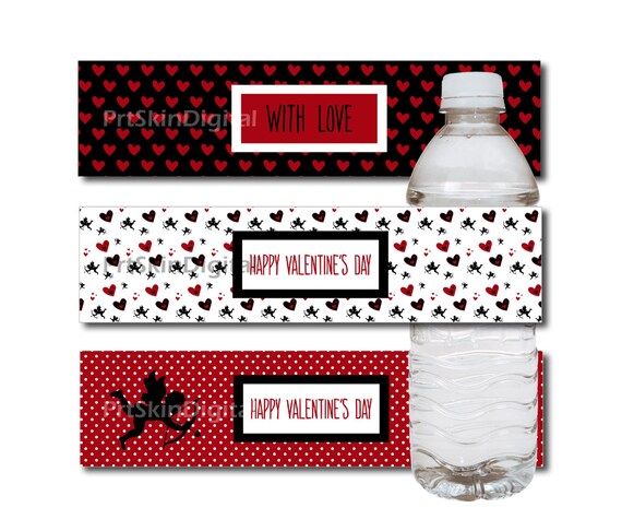 Valentines Day Water Bottle Labels, Printable Water Bottle Stickers, Red Black & White with Cupid, Hearts, Dots - DIY INSTANT DOWNLOAD Il_570xn