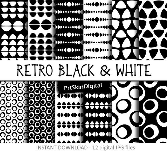 Retro Digital Paper, Black and White Digital Paper, Geometric Digital Paper, Retro Patterns for scrapbooking, invitations, cards, crafts Il_570xn