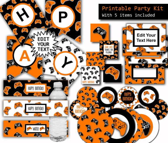 Printable Video Game Party Pack with Editable Banner, Bottle Labels, Cake Toppers, Gift Tags & Editable Food Cards, INSTANT DOWNLOAD Il_570xn