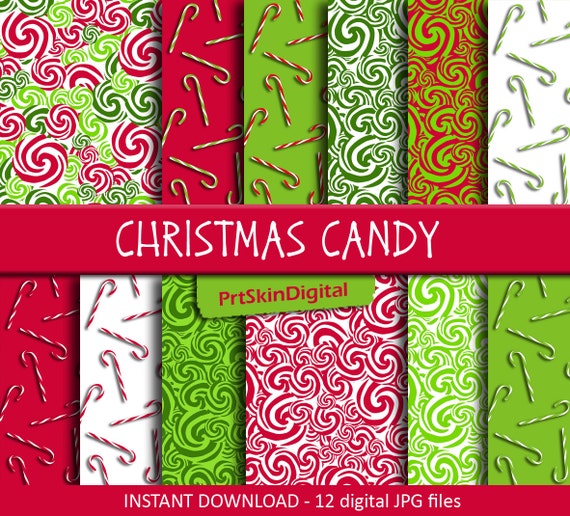Christmas Digital Paper "Christmas Candy" with Red White and Green backgrounds for holiday scrapbooking, crafts and Christmas party decor Il_570xn
