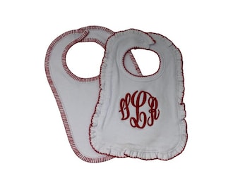 Monogrammed Baby Bib- Red Ruffle or Red Trim Christmas/ Valentine's Day Bib