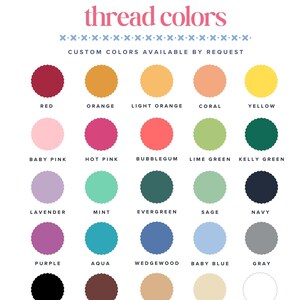 May include: A thread colour chart featuring a spool icon and the text thread colours and custom colours available by request. It displays twenty-five scalloped circles in various shades including red, orange, yellow, pink, green, blue, and neutral tones.