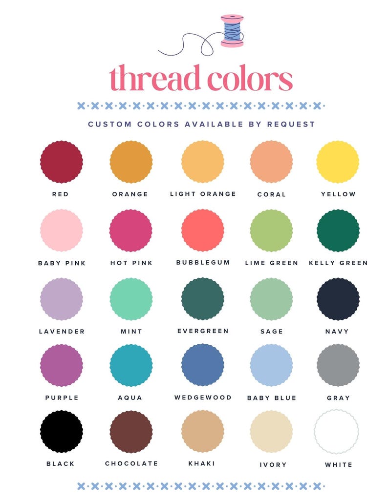 May include: A thread colour chart featuring a spool icon and the text thread colours and custom colours available by request. It displays twenty-five scalloped circles in various shades including red, orange, yellow, pink, green, blue, and neutral tones.