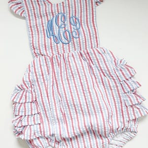 Monogrammed Seersucker Ruffle Sunsuit