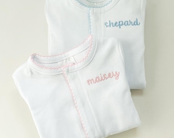 Monogrammed Picot Trim Footie- Pink, Blue, White, Yellow