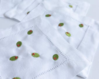 Embroidered Olives Linen Cocktail Napkins