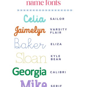 May include: A white background displays examples of name fonts. The text "name fonts" is in pink, with a spool of thread above it. Examples include "Celia" in teal, "Jaimelyn" in orange, "Baker" in blue, "Sloan" in gold, "Georgia" in green, and "Mike" in purple.