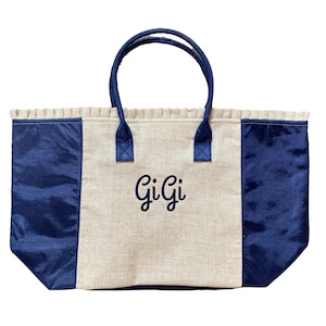 Monogrammed Linen Weekender Tote- Navy