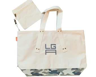 Monogrammed Canvas Grommet Tote- Navy, Gray, Camo