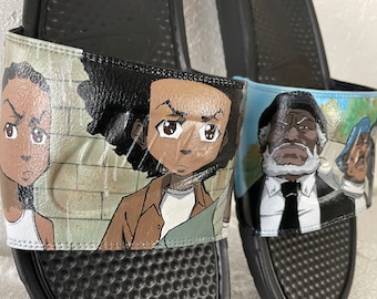 Boondocks Custom Slides – Hand Painted Huey & Riley Fan Art – Streetwear Anime Sandals