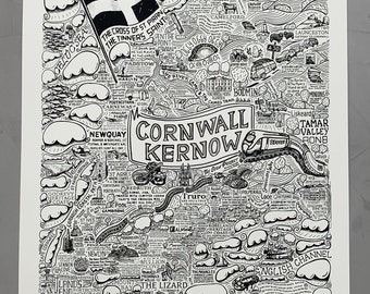 Cornwall A1 illustrated map. Explore the Beauty of Cornwall with this Limited Edition illustrated map. A perfect gift.