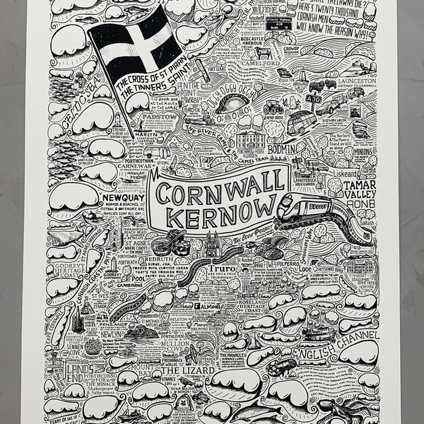 Cornwall A1 illustrated map. Explore the Beauty of Cornwall with this Limited Edition illustrated map. A perfect gift.