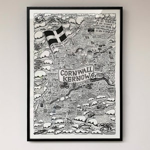 Detail of an illustrated map of Cornwall / Kernow featuring Falmouth, Newquay, St Mawes, Polzeath, Tintagel Castle, LandsEnd, padstow, Rock, The Lizard, Mevagissey, Mousehole, Marazion, St Ives, Looe, Truro