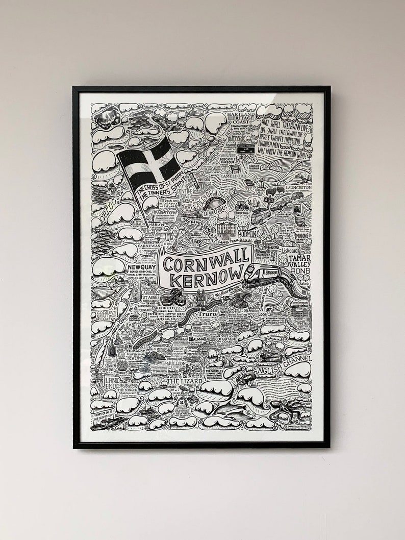 Detail of an illustrated map of Cornwall / Kernow featuring Falmouth, Newquay, St Mawes, Polzeath, Tintagel Castle, LandsEnd, padstow, Rock, The Lizard, Mevagissey, Mousehole, Marazion, St Ives, Looe, Truro