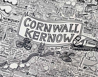 Cornwall Illustrated Map Print: Kernow Art Poster, UK Travel Gift
