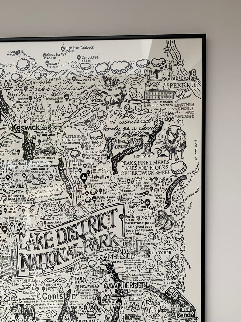 Lake District A1 framed illustrated Map, Hand-Illustrated, Silk-Screen Printed illustration of the Lake District National Park image 3