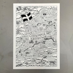 Illustrated map of Cornwall / Kernow featuring Falmouth, Newquay, St Mawes, Polzeath, Tintagel Castle, LandsEnd, padstow, Rock, The Lizard, Mevagissey, Mousehole, Marazion, St Ives, Looe, Truro