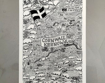 Cornwall A2 illustrated map. This is a beautiful A2 hand drawn illustration printed on 310gsm archival Ilford cotton textured stock.