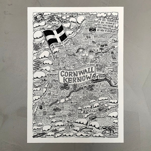 Cornwall A3 illustrated map. This is a beautiful A3 hand drawn illustration printed on 310gsm archival Ilford cotton textured stock.