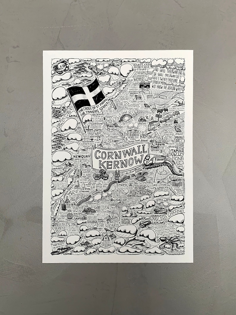 Illustrated map of Cornwall / Kernow featuring Falmouth, Newquay, St Mawes, Polzeath, Tintagel Castle, LandsEnd, padstow, Rock, The Lizard, Mevagissey, Mousehole, Marazion, St Ives, Looe, Truro