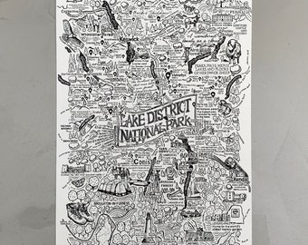 The Lake District A2 illustrated map. This is a stunning A2 hand drawn illustration printed on 310gsm archival Ilford cotton textured stock.