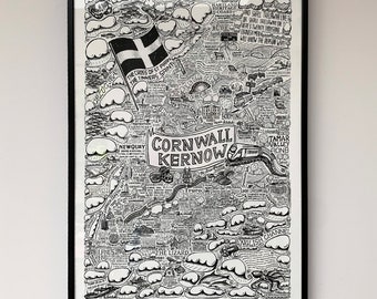 Cornwall A3 framed illustrated map. This is a beautiful A3 hand drawn illustration printed on 310gsm archival Ilford cotton textured stock.